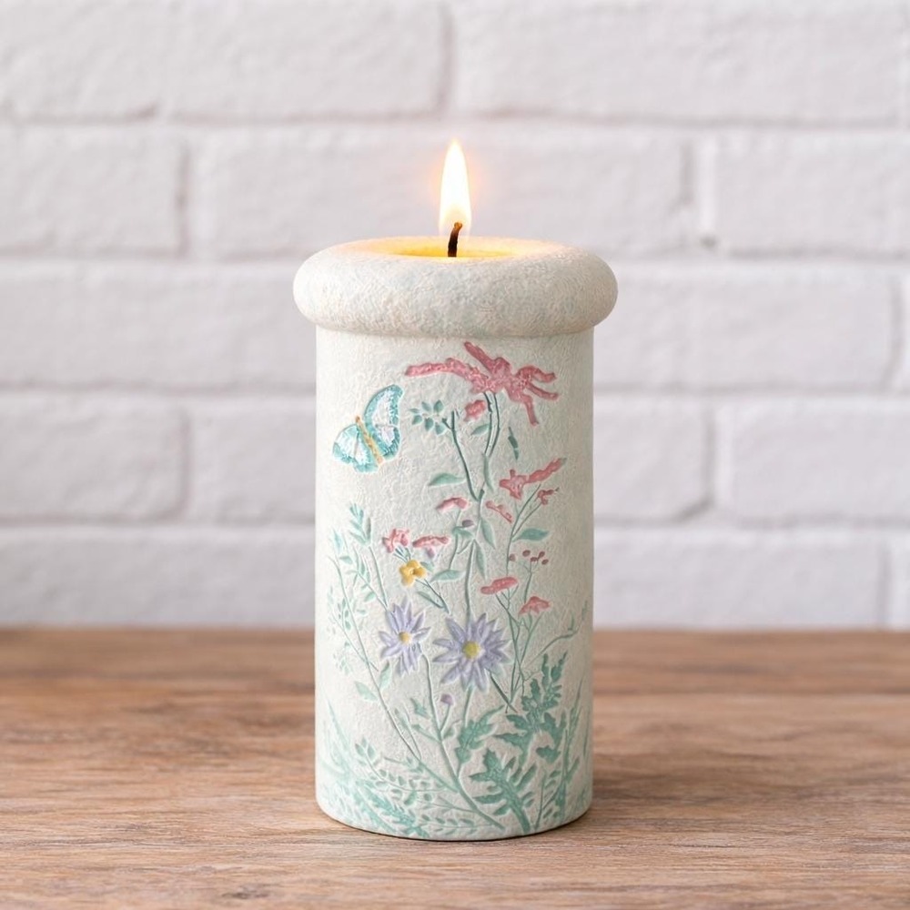 Signed 1980s Botanical Ceramic Vase & Candle Holder Cottagecore Mint Green - Picture 3 of 11